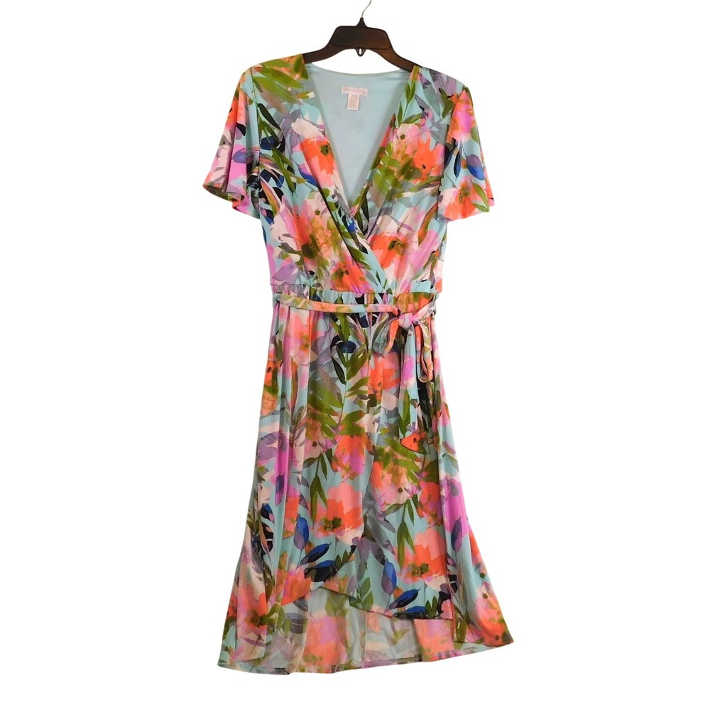 London Times Floral Wrap Midi Dress Blue Pink Orange Flutter Sleeve Womens 10